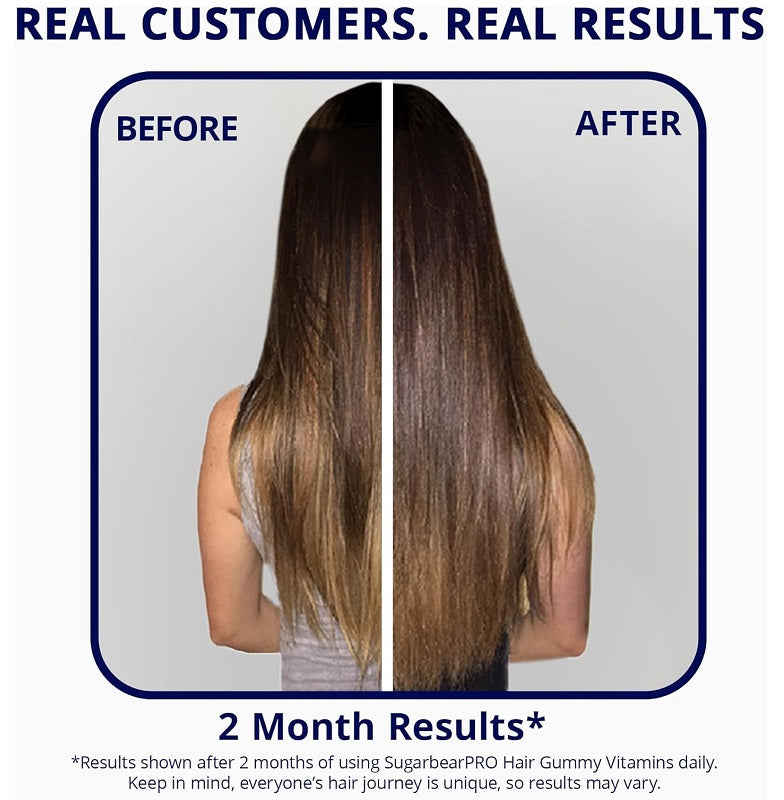 Before-and-after hair results graphic with two long hair photos