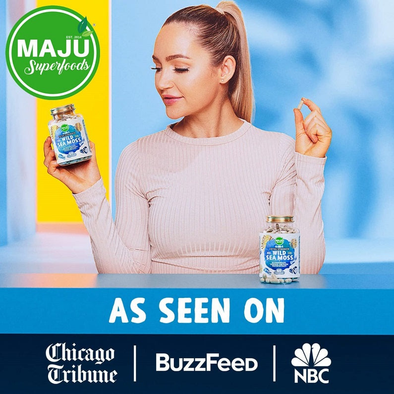 MAJU sea moss capsules bottle held by woman, 60 count label visible
