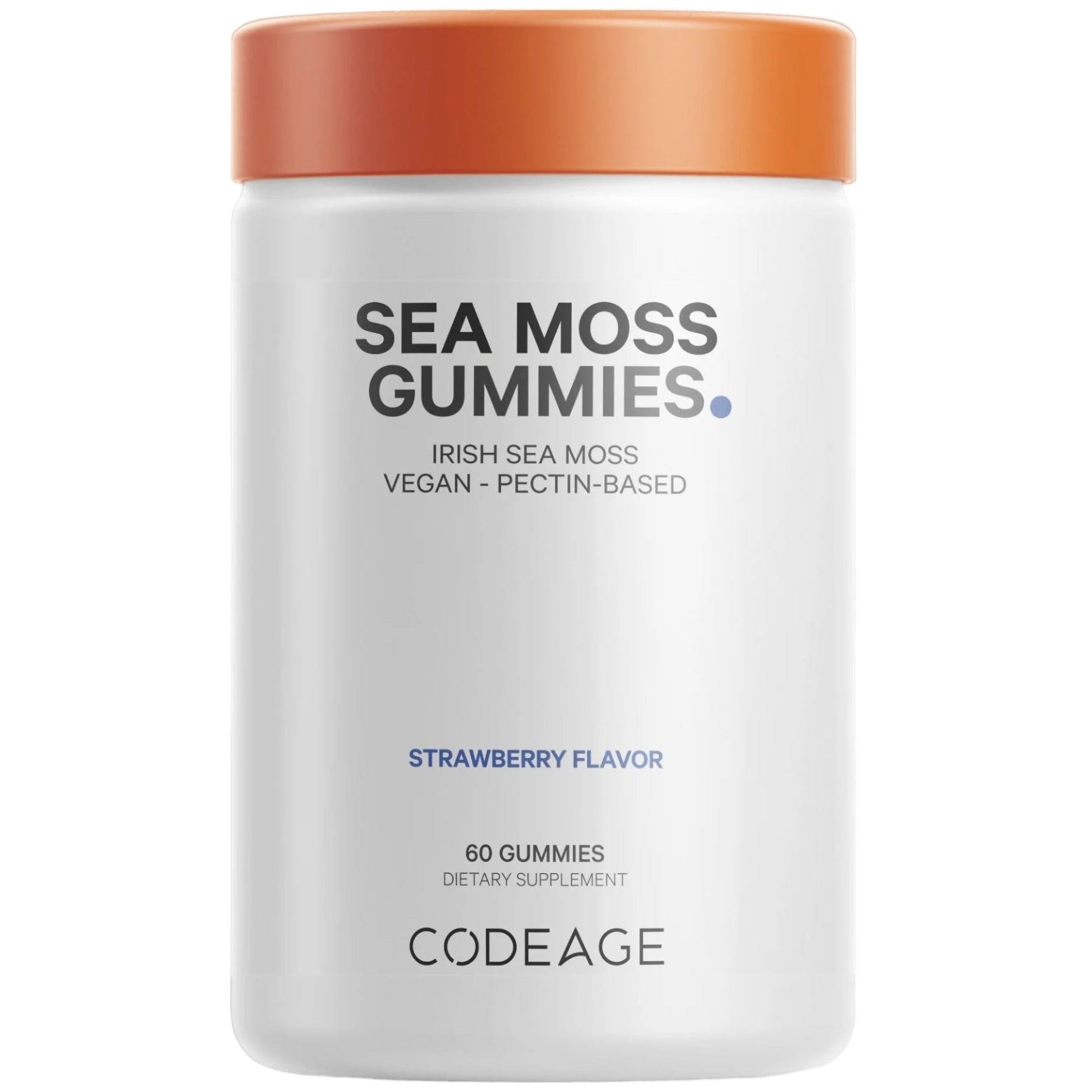 Sea moss gummies supplement bottle with orange lid, strawberry flavor label