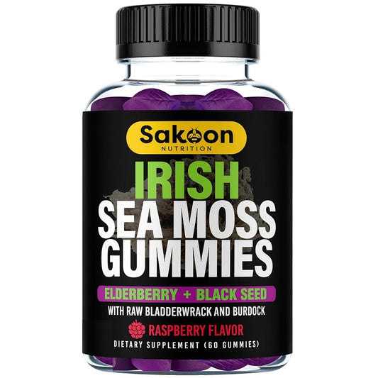 Sakoon Irish sea moss gummies bottle with elderberry + black seed label