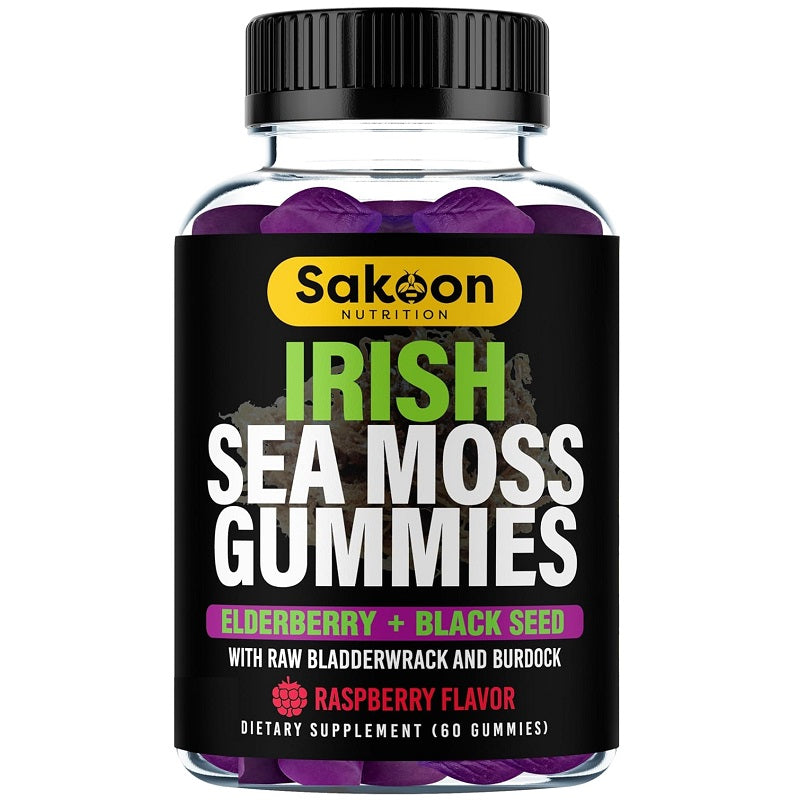 Sakoon Irish sea moss gummies bottle with elderberry + black seed label