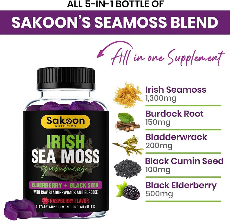 Sakoon Irish sea moss blend bottle with ingredient highlights chart