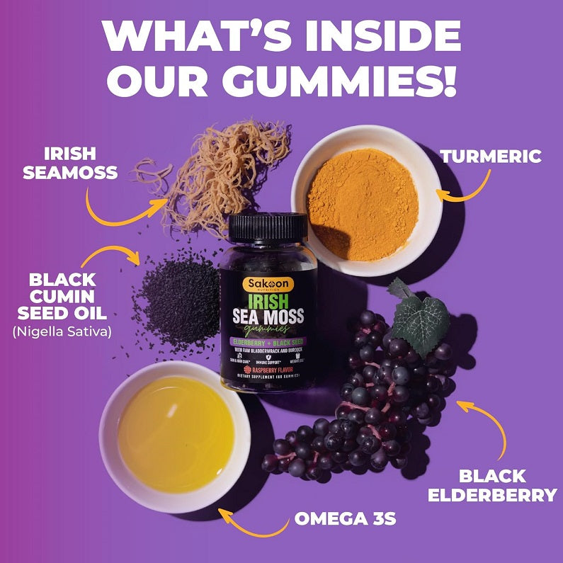 Sakoon Irish sea moss gummies bottle with turmeric, black elderberry, and oil