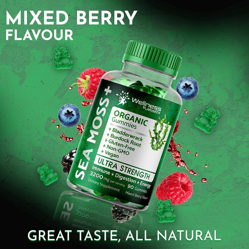 Sea moss organic gummies bottle, mixed berry flavour, green label with supplement benefits
