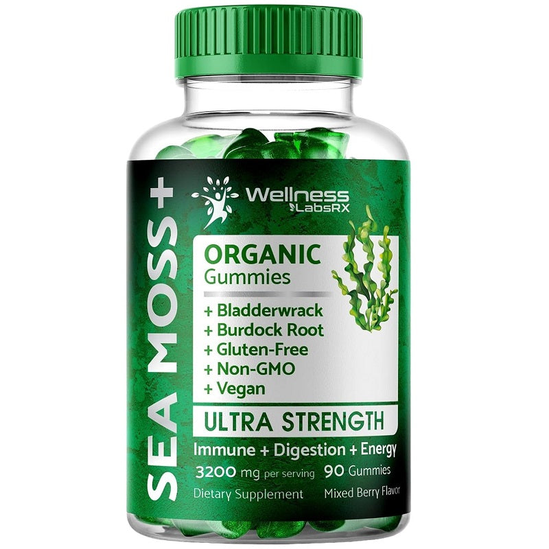 Sea moss organic gummies supplement bottle, green cap, 3200 mg, mixed berry flavor