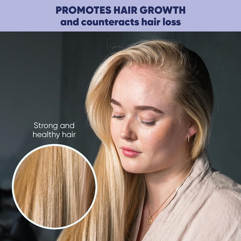 Hair growth scalp serum on long blonde hair, with close-up of hair strands