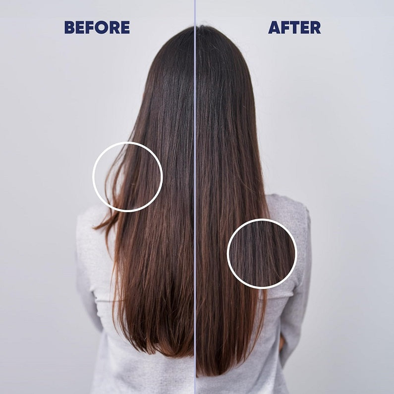 Before-and-after hair growth results on long dark hair with highlighted sections