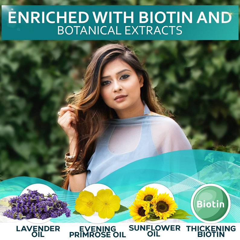 Bellisso biotin hair thickening serum promotional graphic with biotin icon and flowers