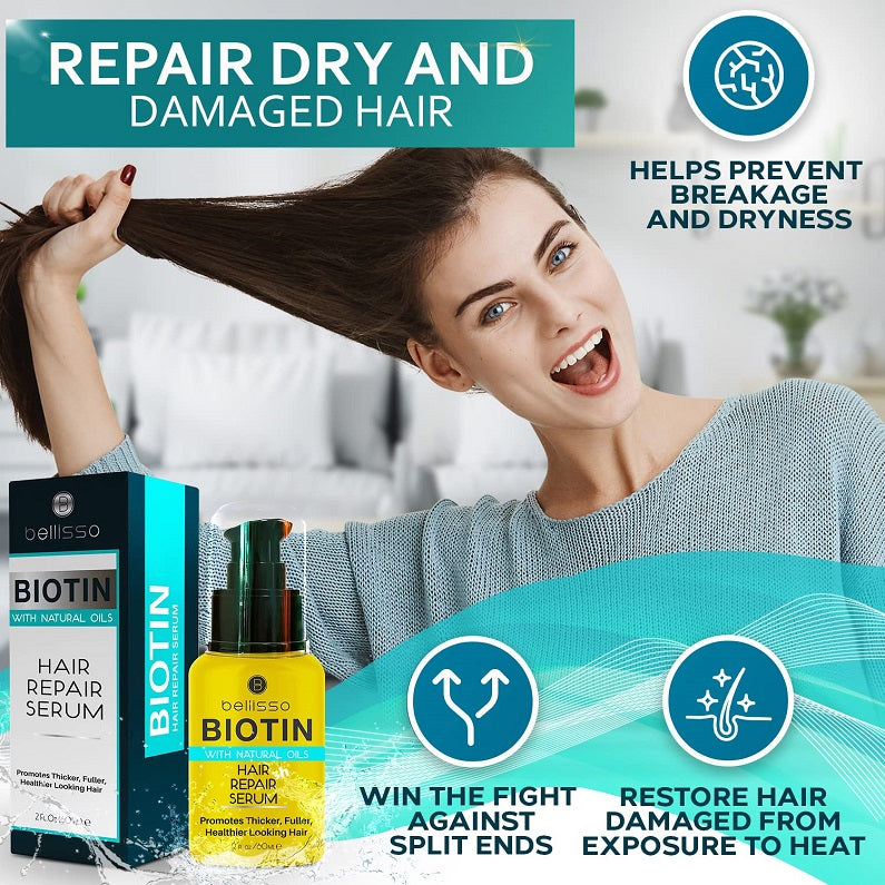 Bellisso biotin hair repair serum promotional graphic with bottle and box