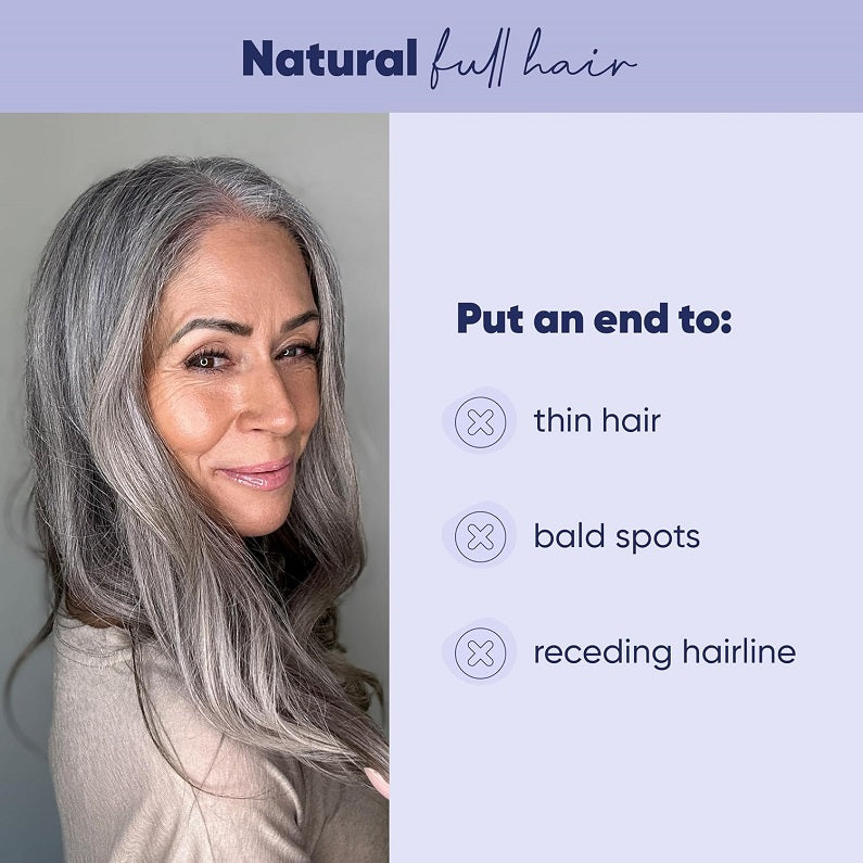 Hair boost scalp serum on silver hair with list of hair concerns