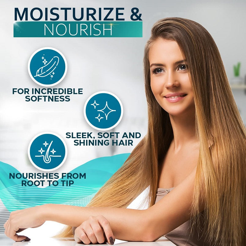 Bellisso biotin hair repair serum promotional graphic with moisturize and shine text