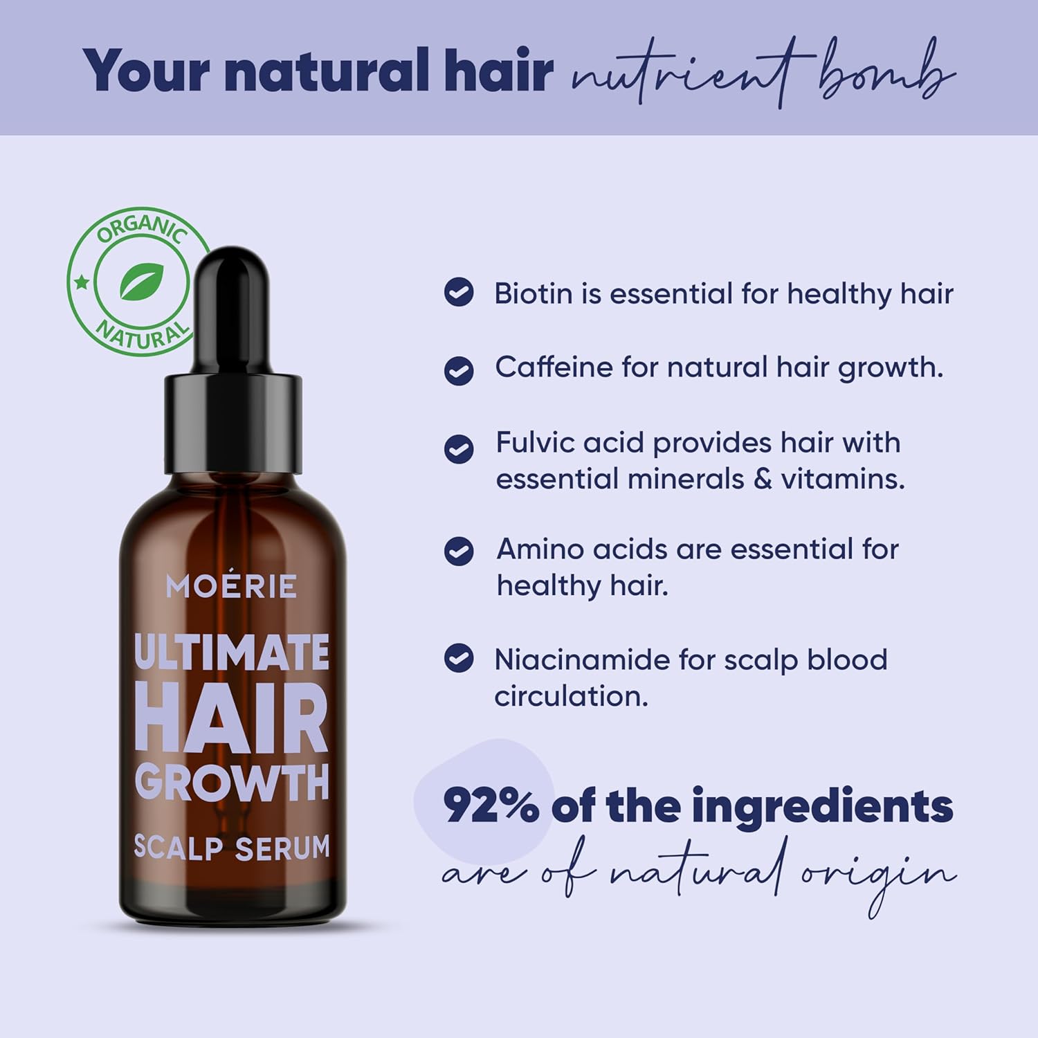 Hair growth scalp serum bottle with dropper, amber glass and black cap