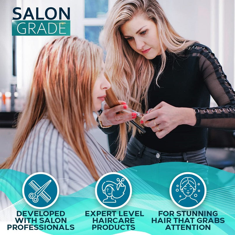 Bellisso biotin hair repair serum promotional graphic with stylist applying serum