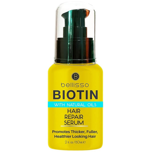 Bellisso biotin hair repair serum bottle, yellow with green cap