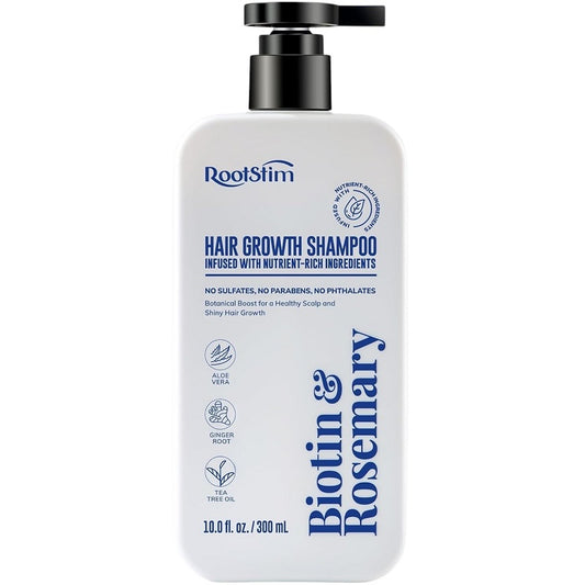 RootStim hair growth shampoo bottle with black pump, 10 fl oz/300 ml.