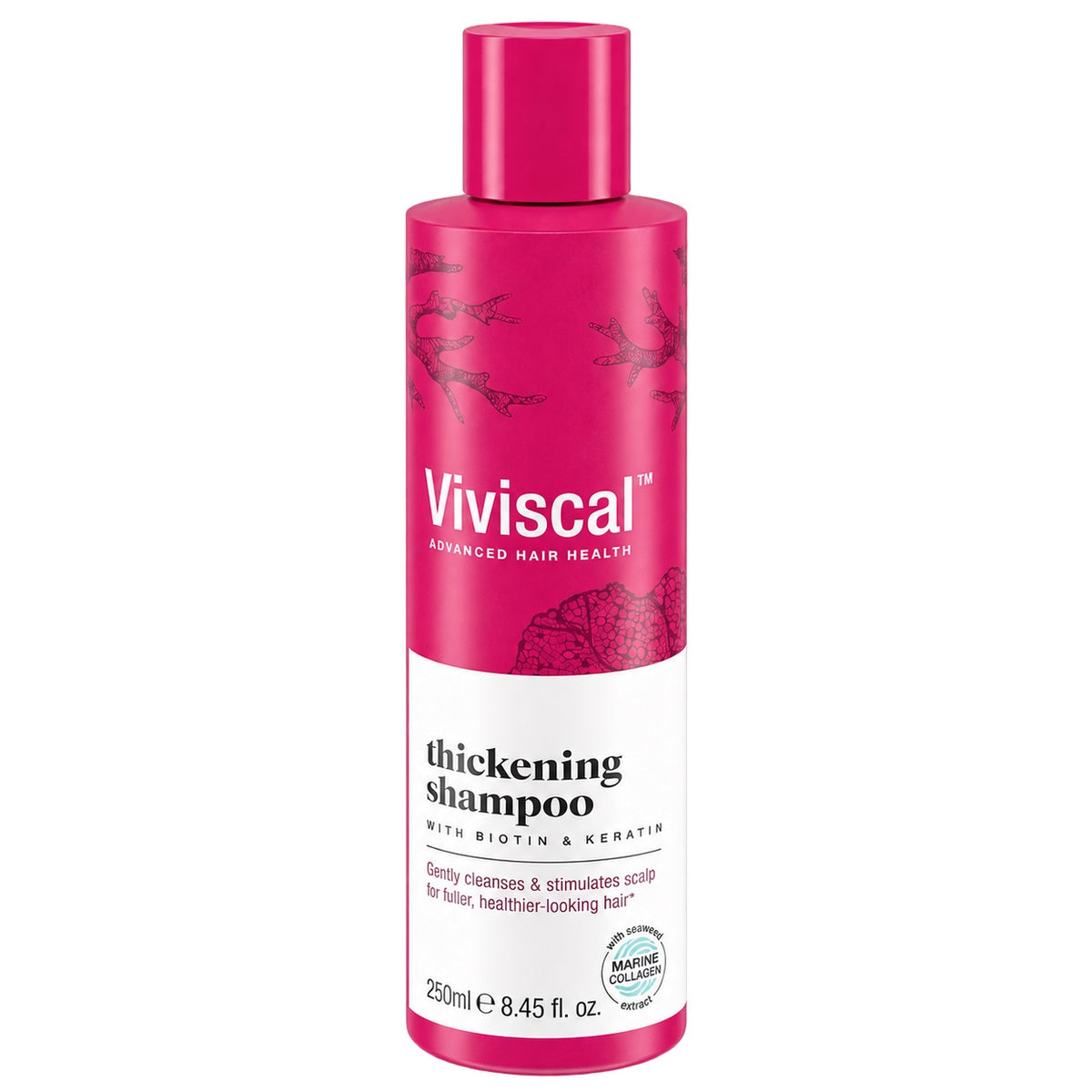 Viviscal thickening shampoo bottle, 250 ml, pink cap and white label