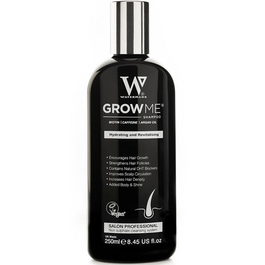 Watermans Grow Me shampoo bottle, 250ml; black bottle with pump top