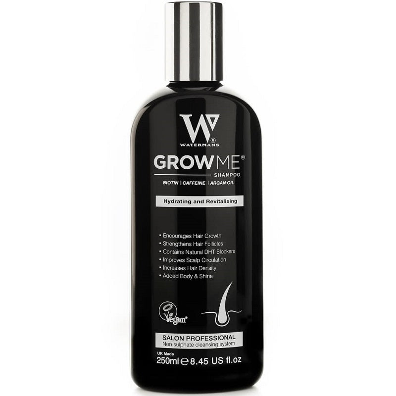 Watermans Grow Me shampoo bottle, 250ml; black bottle with pump top