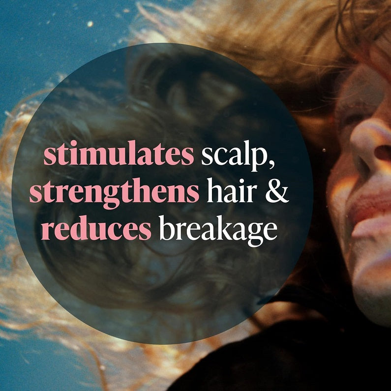 Hair care promotional graphic: stimulates scalp, strengthens hair & reduces breakage