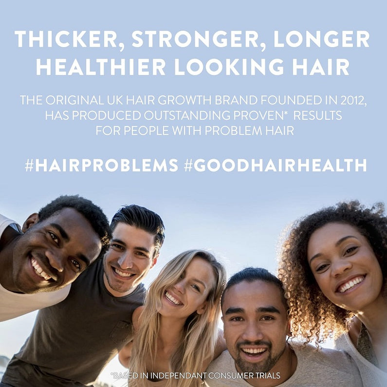 Hair growth promotional banner with “Thicker, stronger, longer, healthier looking hair”