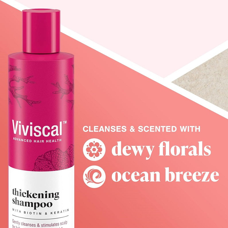 Thickening shampoo bottle with 'dewy florals' and 'ocean breeze' scent callouts