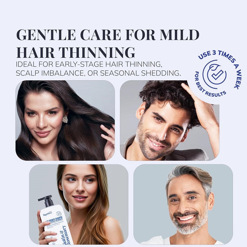 Hair thinning care shampoo info panel with people photos and bottle-in-hand inset.