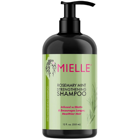 Mielle rosemary mint strengthening shampoo bottle with black pump, 12 fl oz (355 ml)