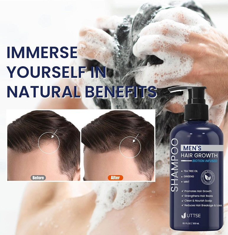 UTTSE men's hair growth shampoo bottle with pump beside foamy lather