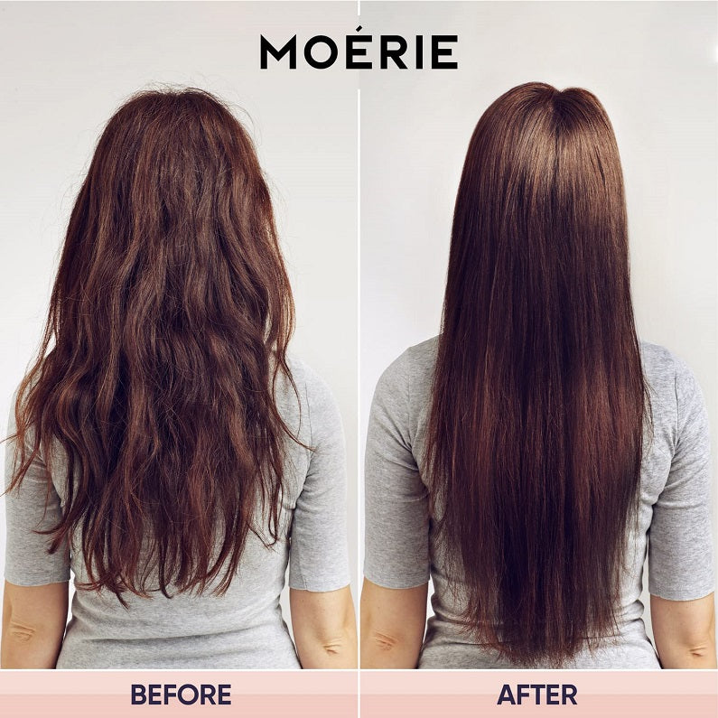 Hair care results split view showing long dark brown hair from front and back angles