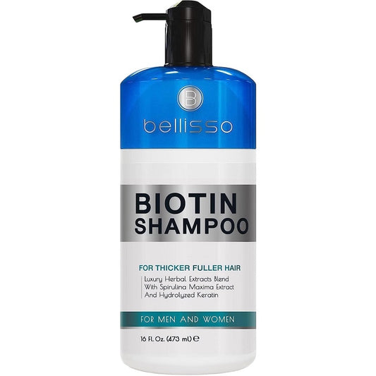 Biotin shampoo bottle with blue top, black pump, and white label