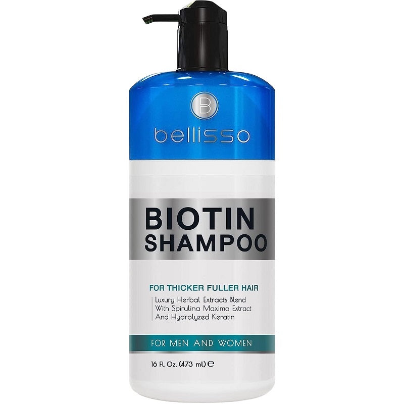 Biotin shampoo bottle with blue top, black pump, and white label