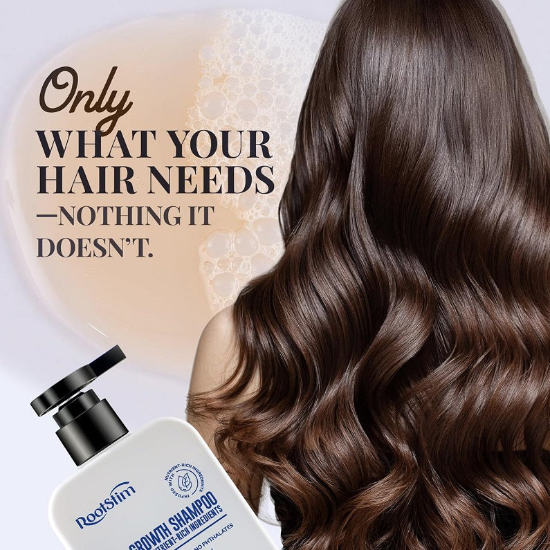 RootStim hair growth shampoo with long dark hair and bottle, “Only what your hair needs” text.