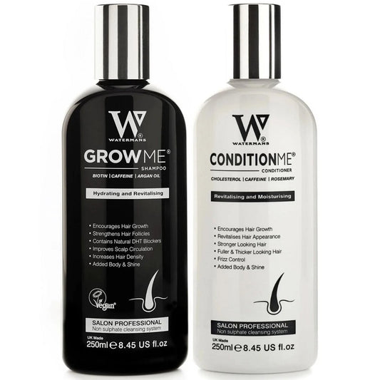 Grow Me shampoo and conditioner bottles, black and white 250 ml set