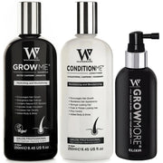 Watermans hair care set: black GrowMe shampoo, white conditioner, black scalp elixir spray