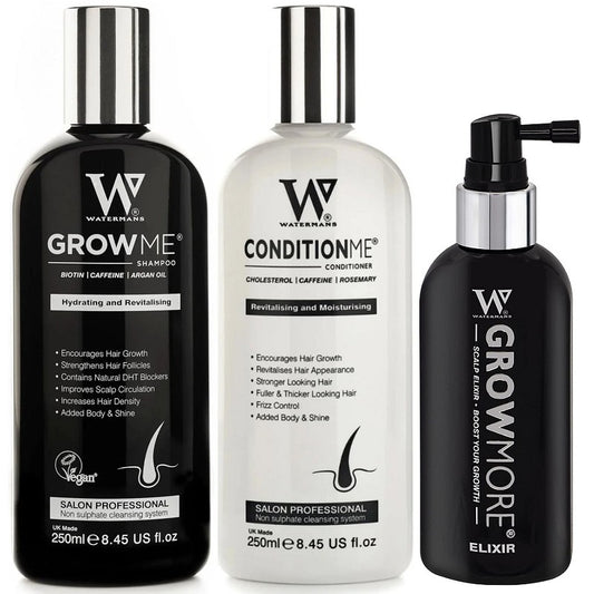 Watermans hair care set: black GrowMe shampoo, white conditioner, black scalp elixir spray