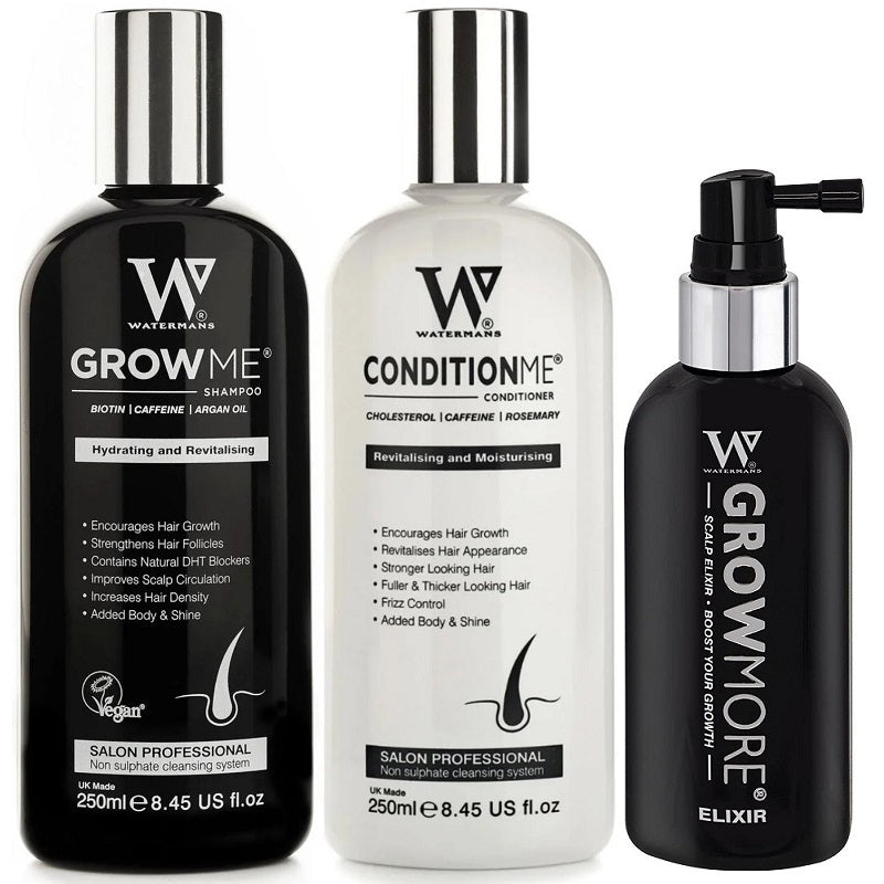 Watermans hair care set: black GrowMe shampoo, white conditioner, black scalp elixir spray