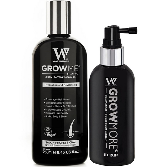Hair growth shampoo and scalp elixir bottles, black with silver caps and pump