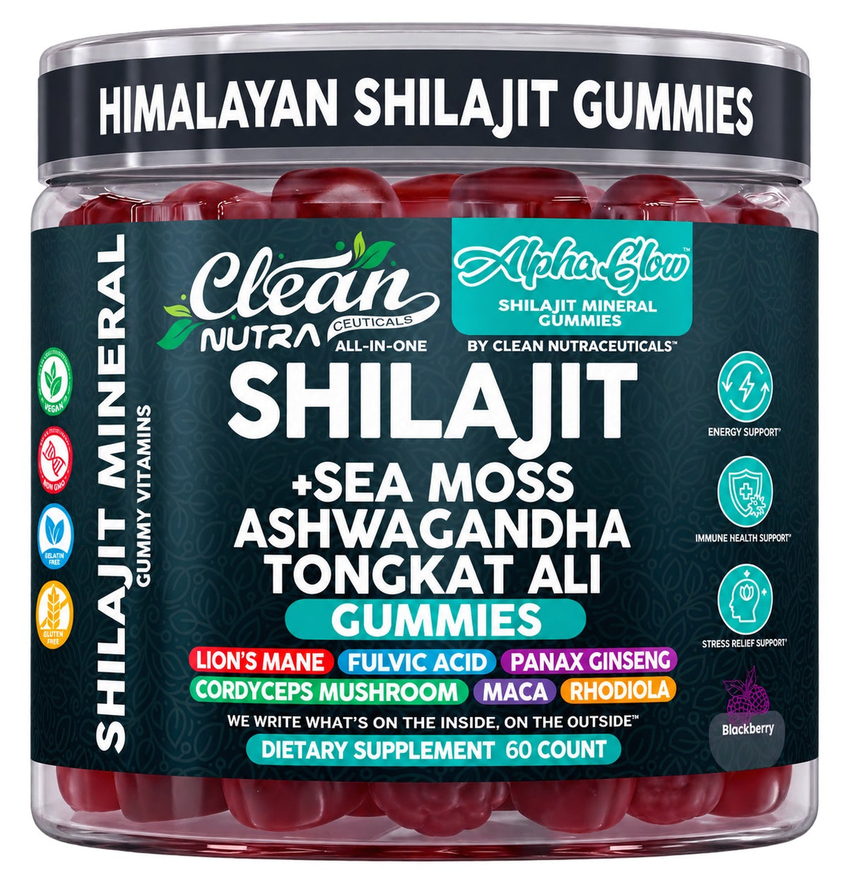 Shilajit gummies jar with Clean Nutra Alpha Glow label, blackberry-colored gummies