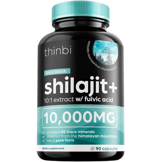 Thinbi shilajit+ supplement bottle, gold grade 10,000mg, 90 capsules