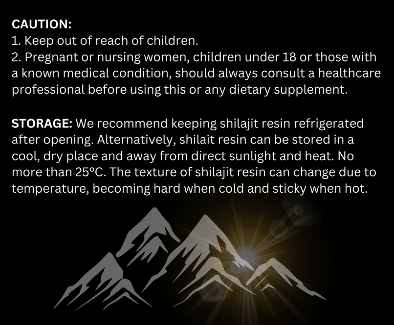 Shilajit supplement warning and storage instructions panel with mountain graphic