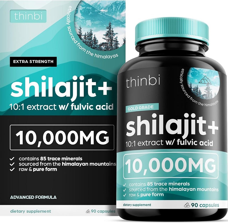 Thinbi shilajit+ bottle, 10,000mg 10:1 extract with fulvic acid, 90 capsules
