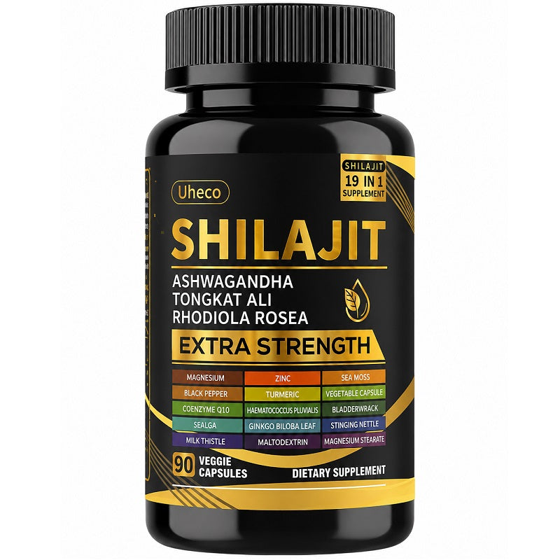 Shilajit supplement bottle with black cap and gold label, 90 veggie capsules