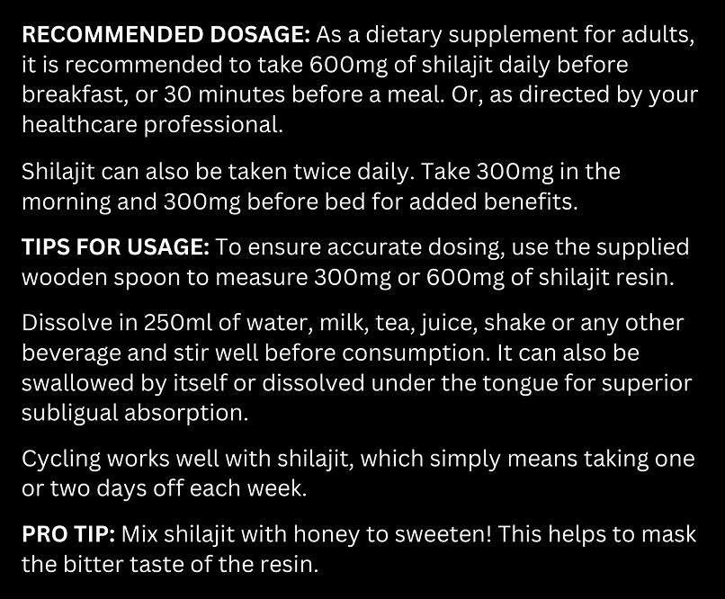 Shilajit supplement dosage and usage tips instructions text panel