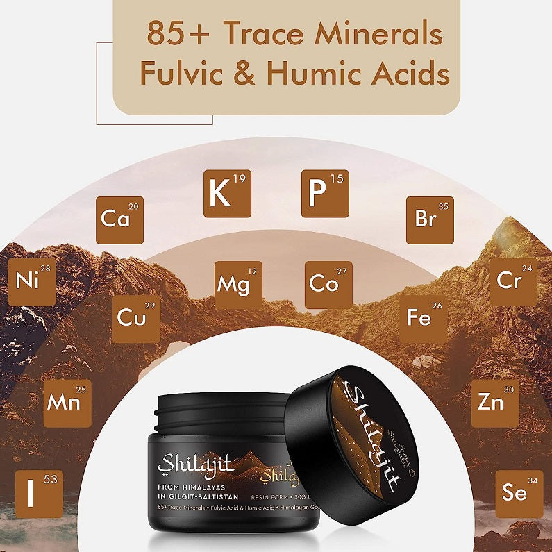 Shilajit resin jar with lid open and 85+ trace minerals graphic
