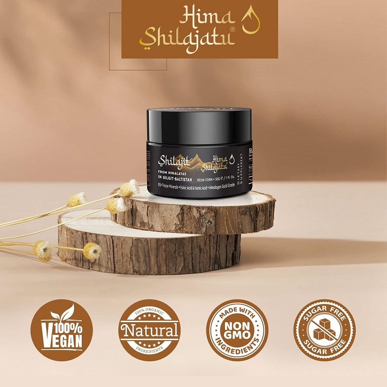 Shilajit resin supplement jar with badges: natural, vegan, non-GMO, sugar free