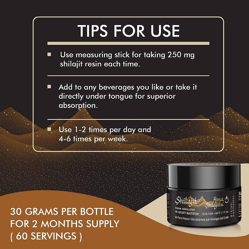 Shilajit resin jar with tips for use text: 30 grams per bottle