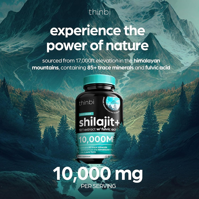 Thinbi shilajit+ bottle showing 10,000mg per serving