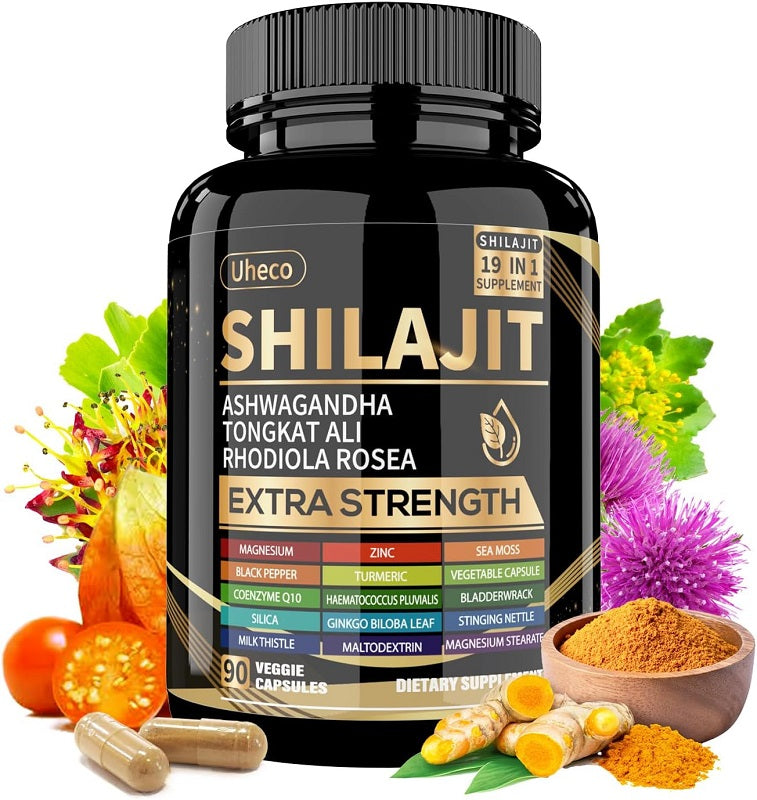 Shilajit supplement bottle with black cap, gold label, herbs and capsules nearby