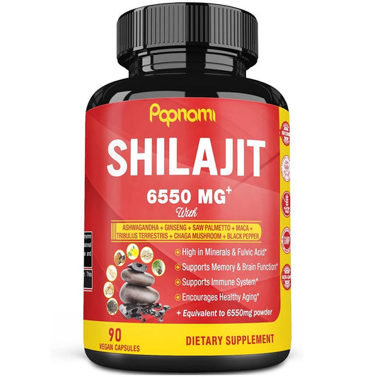 Papnami Shilajit 6550 mg supplement bottle, 90 vegan capsules, black ribbed cap