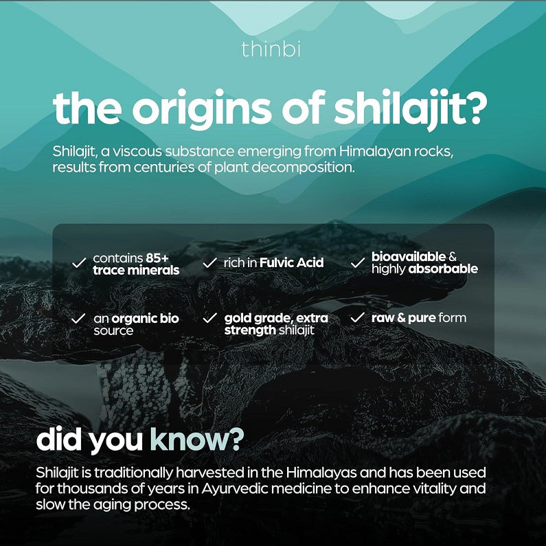 Thinbi shilajit+ infographic about origins of shilajit, 85 trace minerals